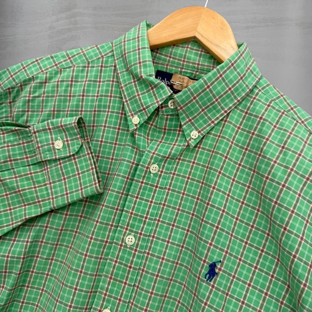 Polo Ralph Lauren Button‎ Down Dress Shirt Green Plaid Classic Fit Large